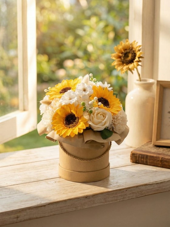 Wieczne Kwiaty Mydlane Flower Box Słoneczniki Bukiet w Pudełku na Prezent