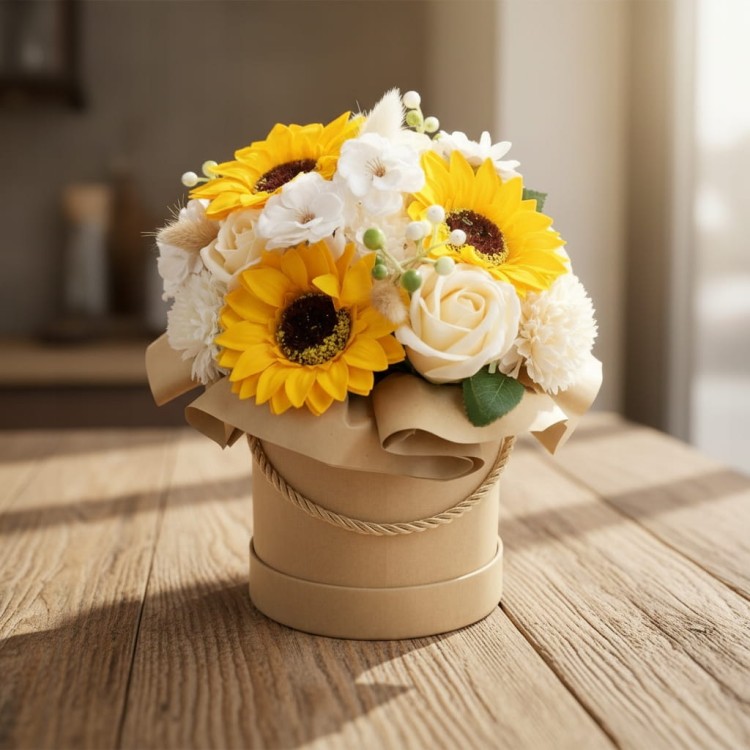 Wieczne Kwiaty Mydlane Flower Box Słoneczniki Bukiet w Pudełku na Prezent