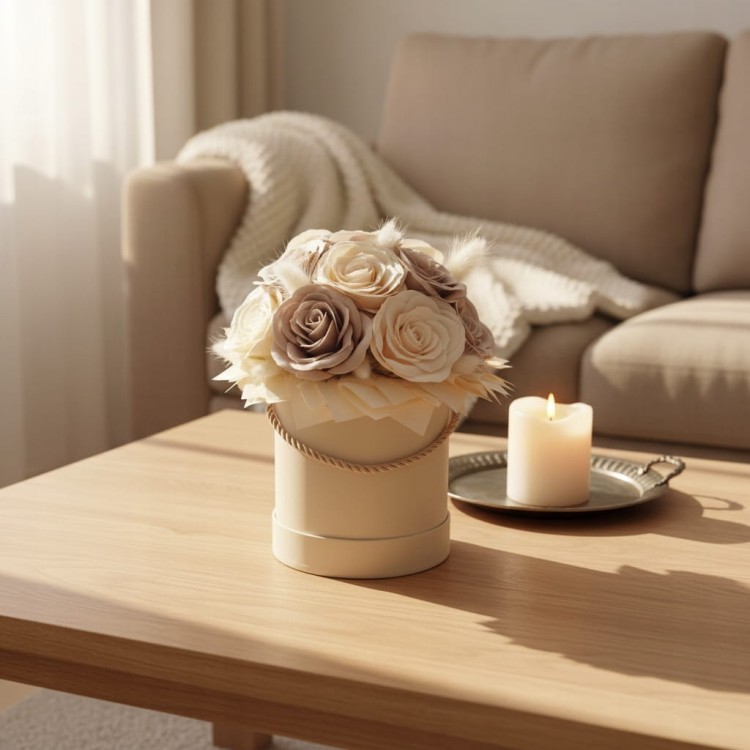 Wieczne Róże Flower Box Kwiaty Mydlane Beżowe Boho Dekoracja Prezent Ślub