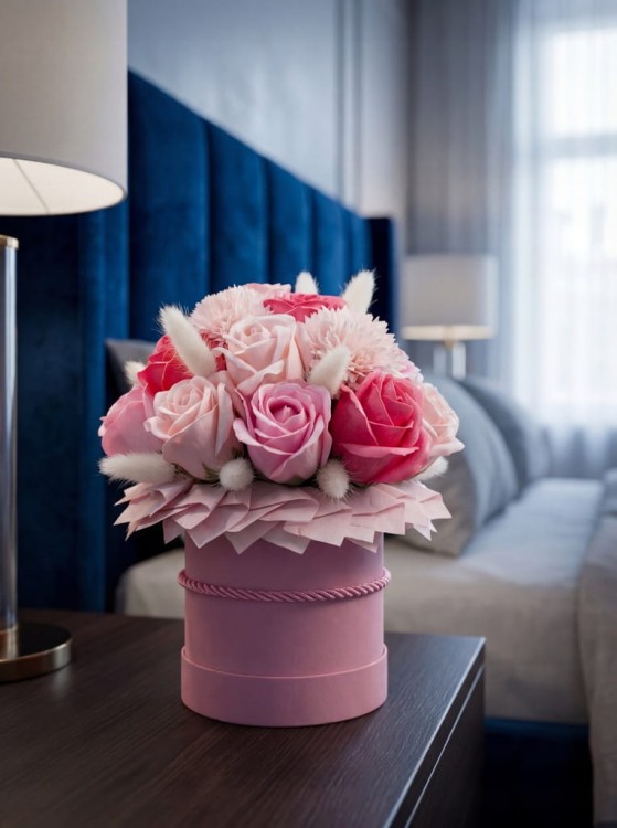 Flower box Mydlane Róże Różowy Prezent Na Urodziny Rocznicę Wieczne Kwiaty