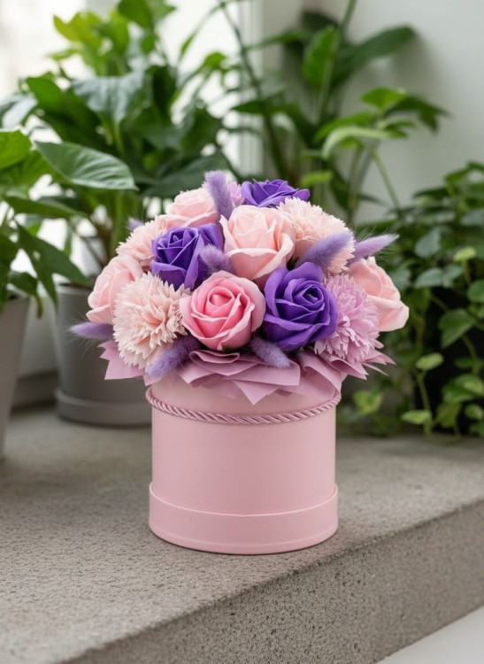 Flowerbox Kwiaty Mydlane Bukiet Róże Prezent Na Dzień Babci Urodziny Różowy