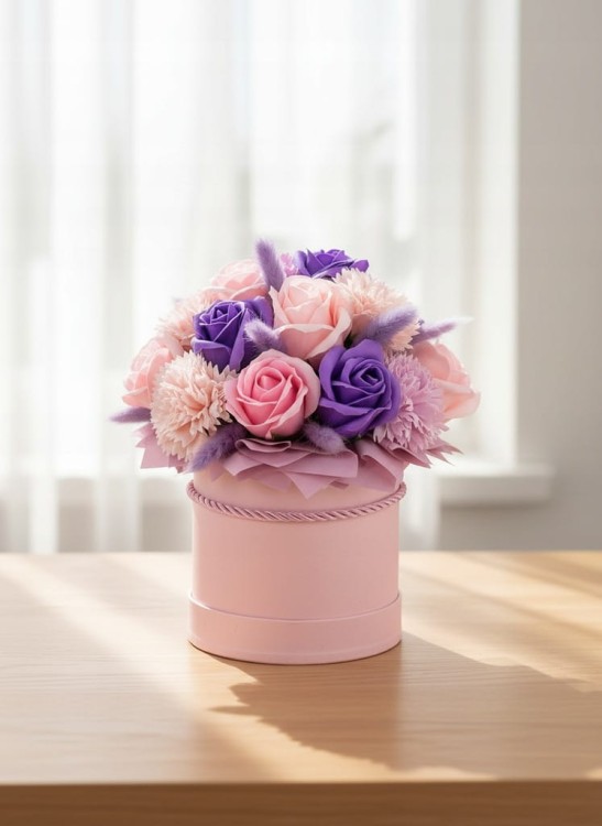 Flowerbox Kwiaty Mydlane Bukiet Róże Prezent Na Dzień Babci Urodziny Różowy