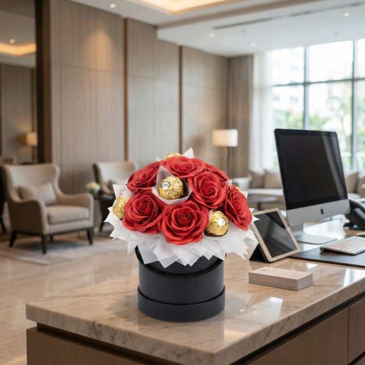 Flower Box z Ferrero Rocher Wieczne Róże Prezent Na Walentynki Dla Kobiet