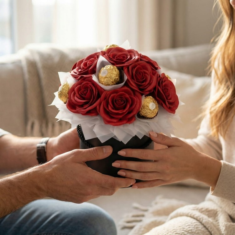 Flower Box z Ferrero Rocher Wieczne Róże Prezent Na Walentynki Dla Kobiet