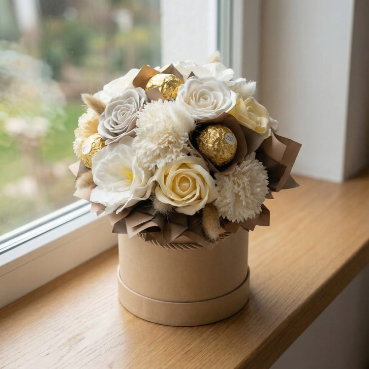 Flowerbox Róże Mydlane Wieczne Kwiaty Ferrero Rocher Elegancki Upominek Box