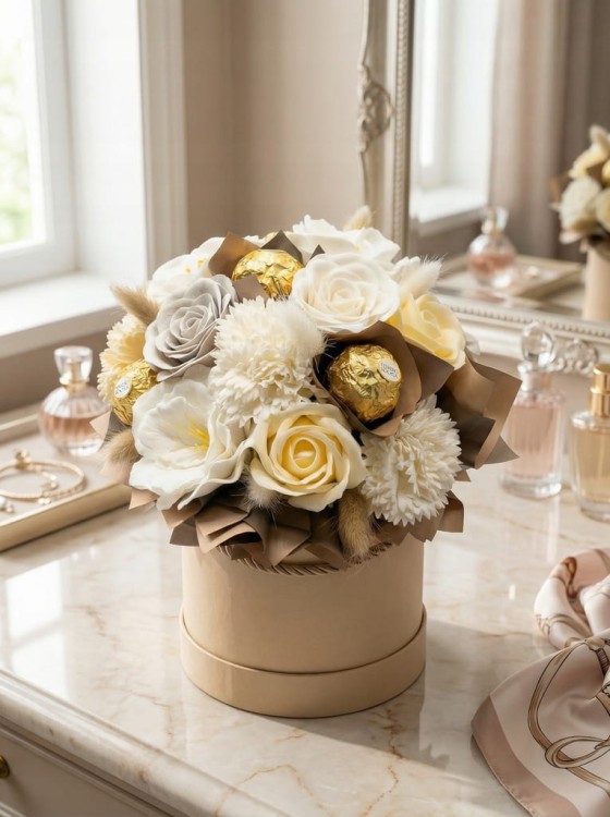 Flowerbox Róże Mydlane Wieczne Kwiaty Ferrero Rocher Elegancki Upominek Box