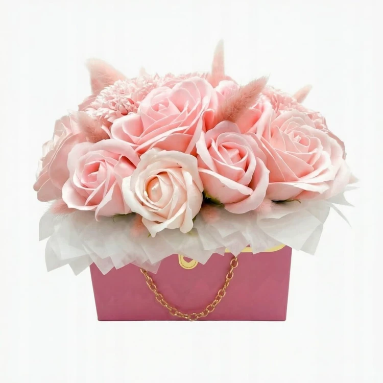 Flower Box Kwiaty Mydlane Róże w Torebce Prezent Na Dzień Kobiet Walentynki