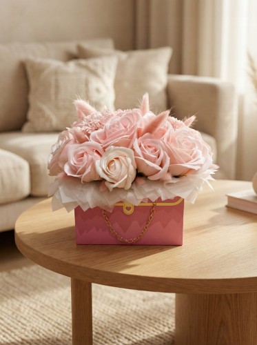 Flower Box Kwiaty Mydlane Róże w Torebce Prezent Na Dzień Kobiet Walentynki