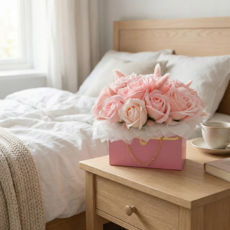 Flower Box Kwiaty Mydlane Róże w Torebce Prezent Na Dzień Kobiet Walentynki