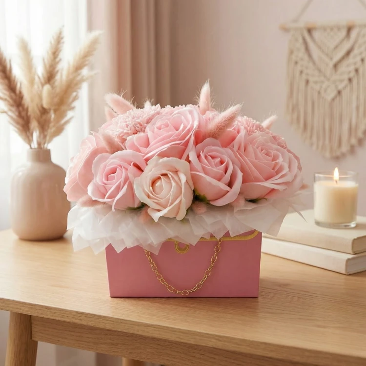 Flower Box Kwiaty Mydlane Róże w Torebce Prezent Na Dzień Kobiet Walentynki