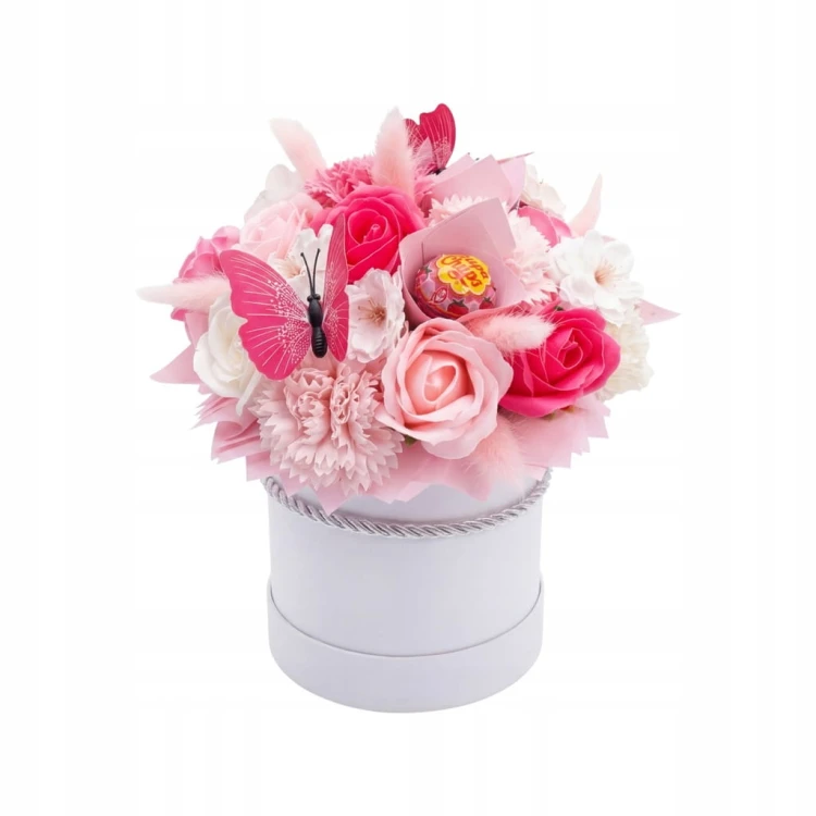 Zestaw Prezentowy Flower Box Mydlane Kwiaty Lizak Chupa Chups Motyl Różowy