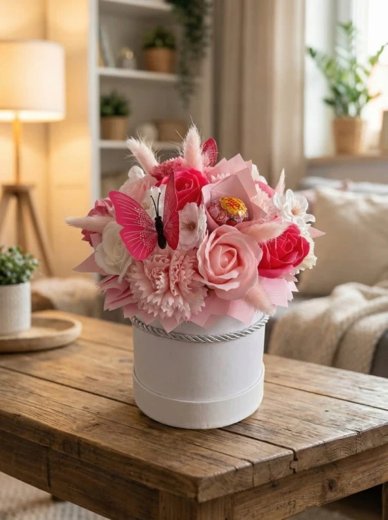 Zestaw Prezentowy Flower Box Mydlane Kwiaty Lizak Chupa Chups Motyl Różowy