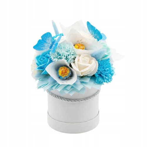 Wieczne Róże Mydlane Flowerbox Z Lizakami Chupa Chups Niebieski Bukiet Box