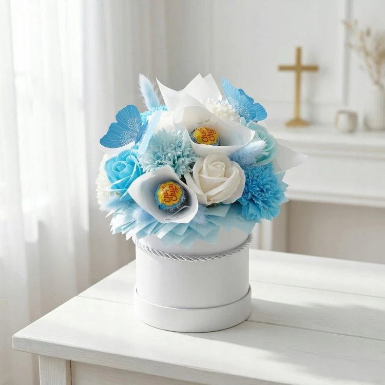 Wieczne Róże Mydlane Flowerbox Z Lizakami Chupa Chups Niebieski Bukiet Box