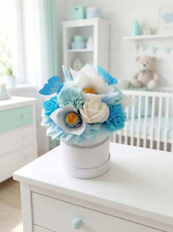 Wieczne Róże Mydlane Flowerbox Z Lizakami Chupa Chups Niebieski Bukiet Box