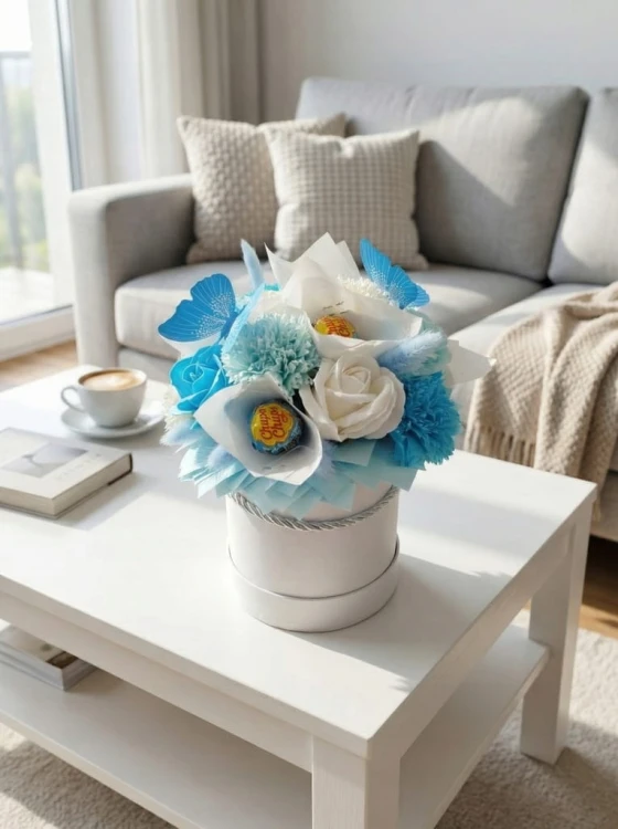 Wieczne Róże Mydlane Flowerbox Z Lizakami Chupa Chups Niebieski Bukiet Box
