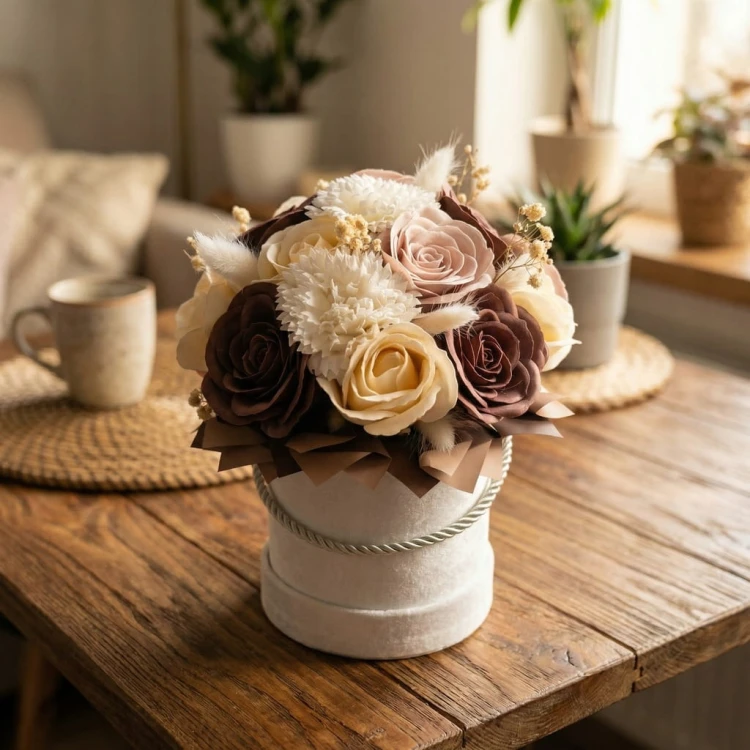Flower Box Kwiaty Mydlane Welurowy Róże Eukaliptus Prezent Wieczne Kwiaty