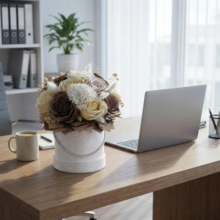 Flower Box Kwiaty Mydlane Welurowy Róże Eukaliptus Prezent Wieczne Kwiaty