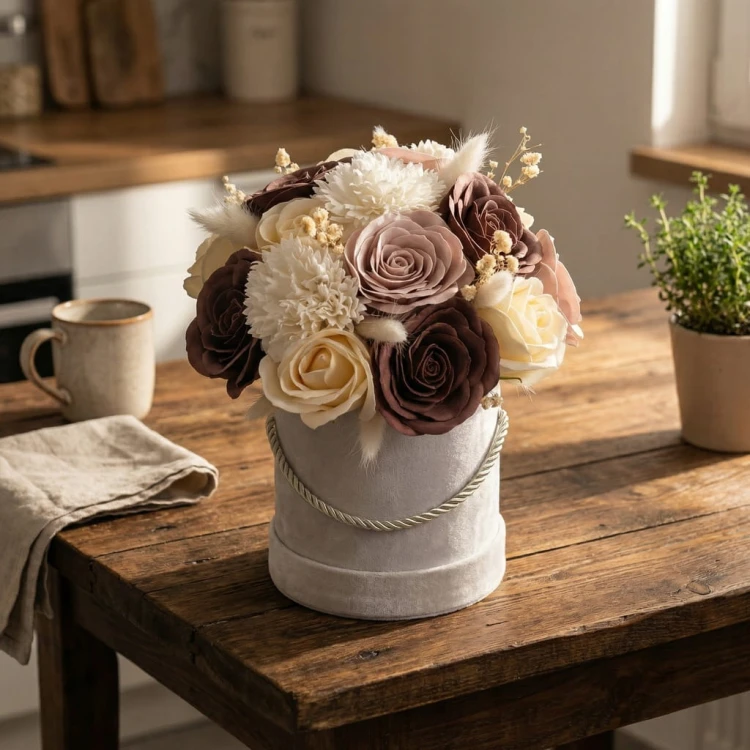 Flower Box Kwiaty Mydlane Welurowy Róże Eukaliptus Prezent Wieczne Kwiaty