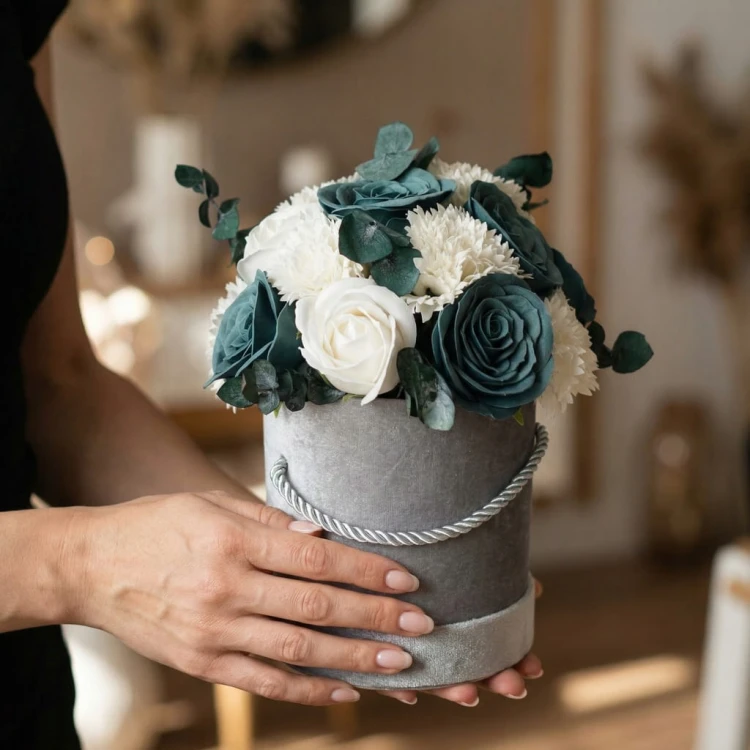 Flower Box Kwiaty Mydlane Welurowy Róże Eukaliptus Prezent Wieczne Kwiaty