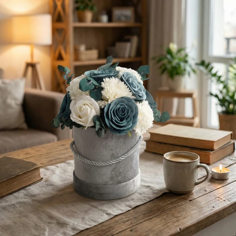 Flower Box Kwiaty Mydlane Welurowy Róże Eukaliptus Prezent Wieczne Kwiaty
