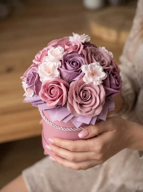 Flower Box Premium Róże Mydlane Wieczne Kwiaty Bukiet Pachnący Różowy