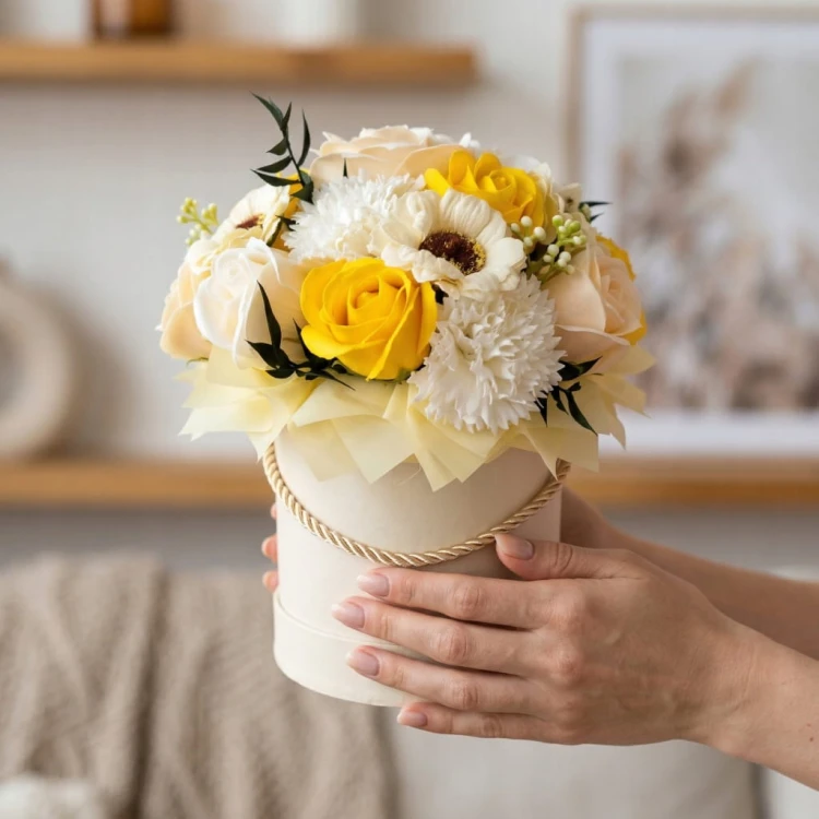 Flower Box Kwiaty Mydlane Wieczne Róże Żółty Bukiet Prezent Na Dzień Matki