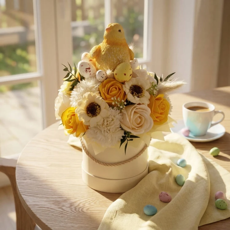Wiosenny Flower Box Kwiaty Mydlane Wielkanocny Stroik z Kurczakiem Jajka