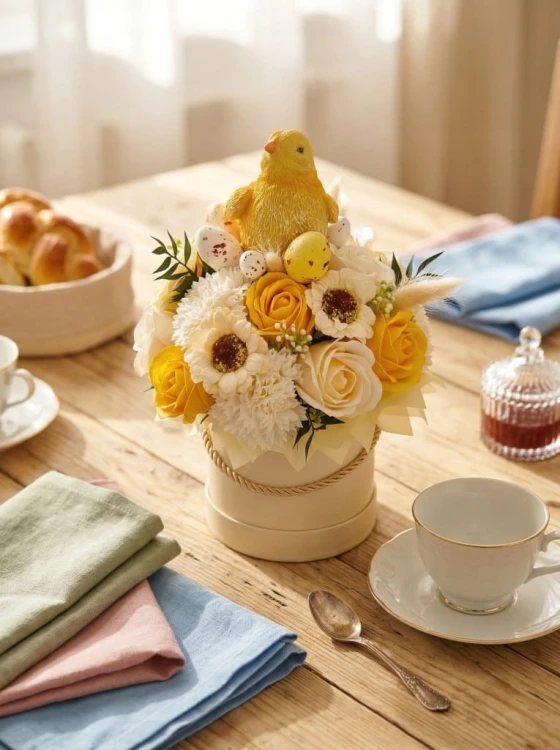 Wiosenny Flower Box Kwiaty Mydlane Wielkanocny Stroik z Kurczakiem Jajka