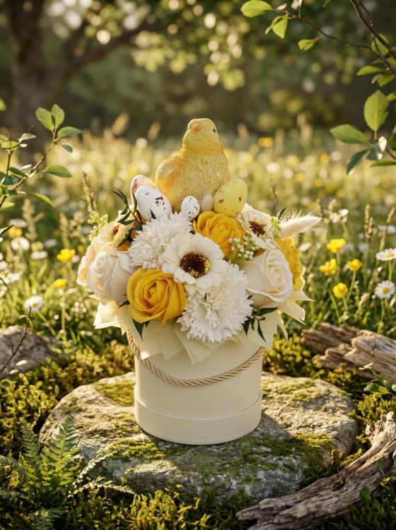 Wiosenny Flower Box Kwiaty Mydlane Wielkanocny Stroik z Kurczakiem Jajka