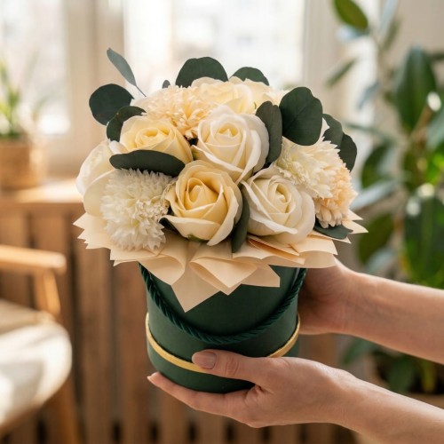 Kwiaty Mydlane Flower Box Róże Eukaliptus Bukiet Beżowy Prezent Dekoracja