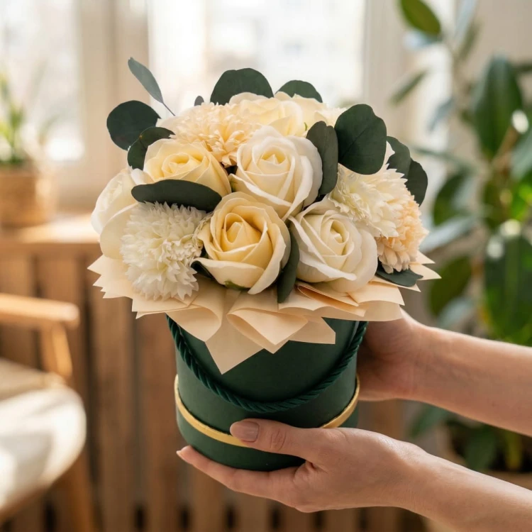 Kwiaty Mydlane Flower Box Róże Eukaliptus Bukiet Beżowy Prezent Dekoracja