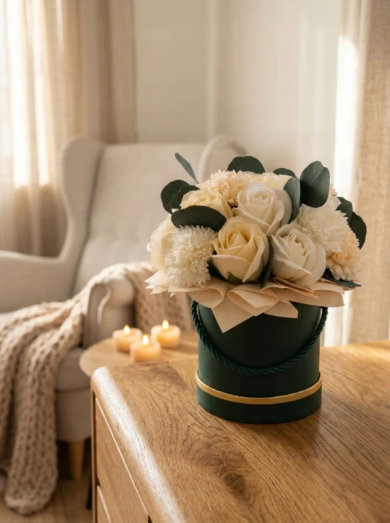 Kwiaty Mydlane Flower Box Róże Eukaliptus Bukiet Beżowy Prezent Dekoracja