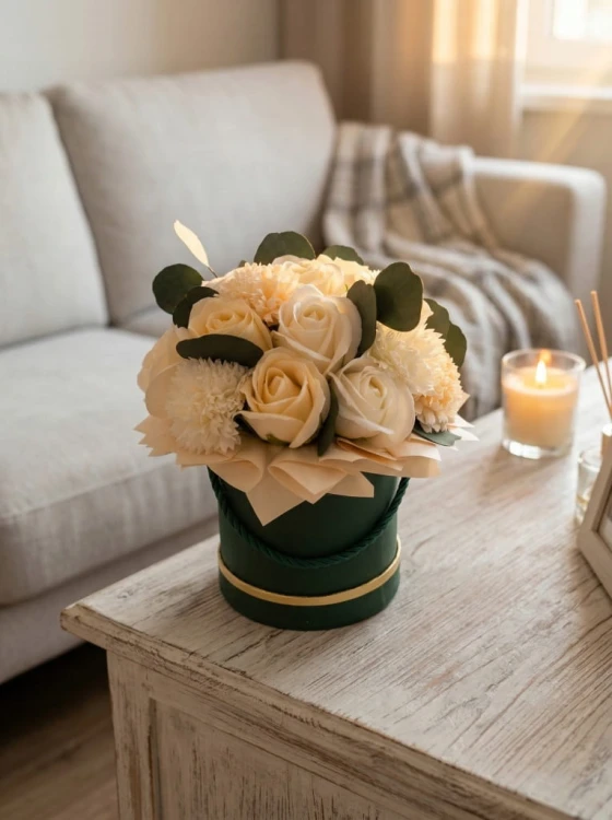 Kwiaty Mydlane Flower Box Róże Eukaliptus Bukiet Beżowy Prezent Dekoracja