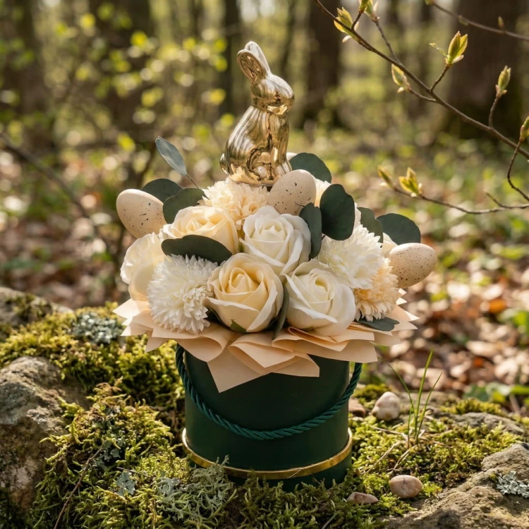Prezent Na Wielkanoc Flower Box Kwiaty Mydlane Róże Złoty Zając Dekoracja