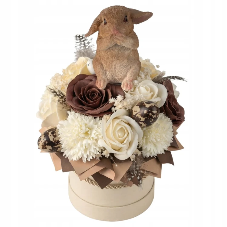 Premium Flower Box Wielkanocny Zając Kwiaty Mydlane Beżowy Stroik Handmade