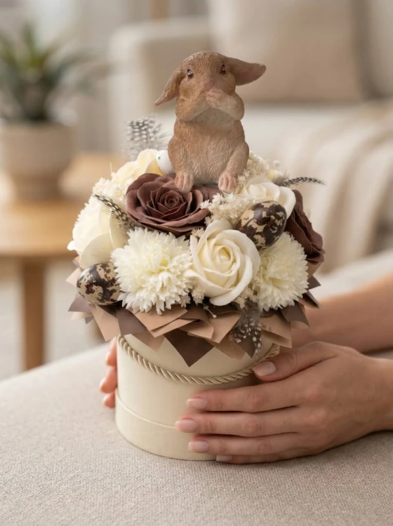Premium Flower Box Wielkanocny Zając Kwiaty Mydlane Beżowy Stroik Handmade