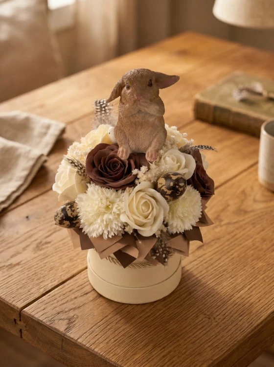 Premium Flower Box Wielkanocny Zając Kwiaty Mydlane Beżowy Stroik Handmade