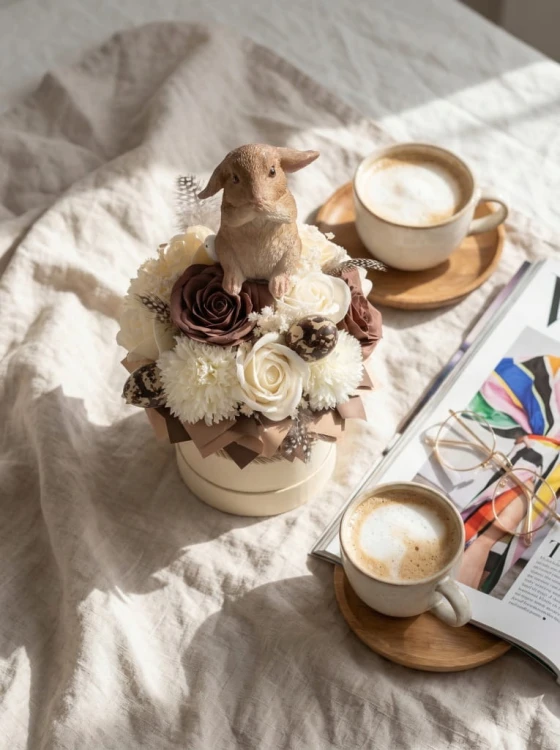 Premium Flower Box Wielkanocny Zając Kwiaty Mydlane Beżowy Stroik Handmade