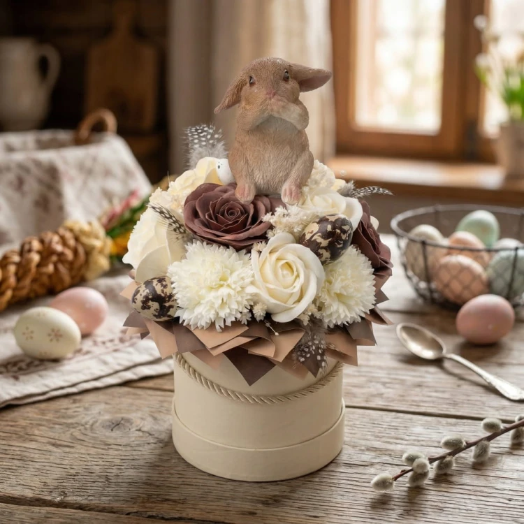 Premium Flower Box Wielkanocny Zając Kwiaty Mydlane Beżowy Stroik Handmade