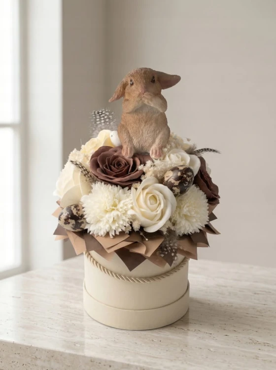 Premium Flower Box Wielkanocny Zając Kwiaty Mydlane Beżowy Stroik Handmade