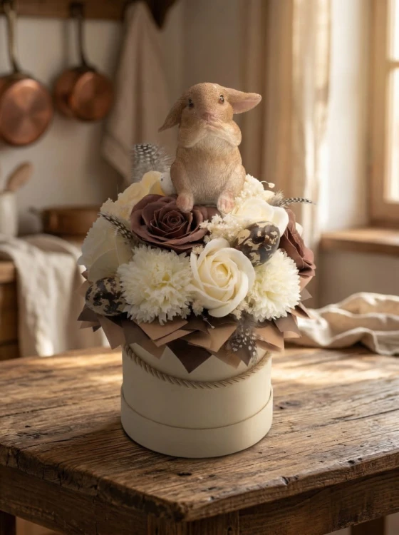Premium Flower Box Wielkanocny Zając Kwiaty Mydlane Beżowy Stroik Handmade